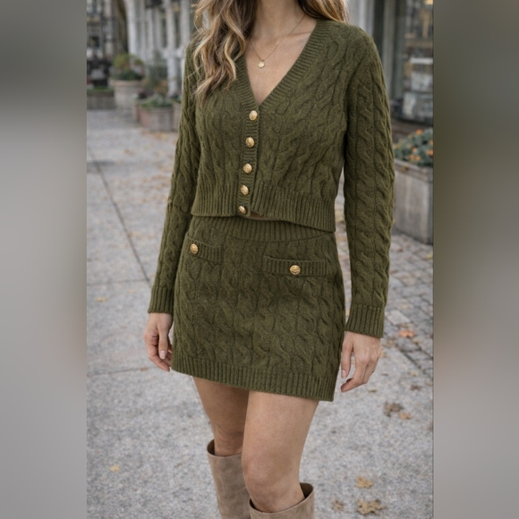 H&M Sweaters - H&M Olive Green Cable Knit Cardigan & Skirt Set XS Matching Co-Ord Cozy Set